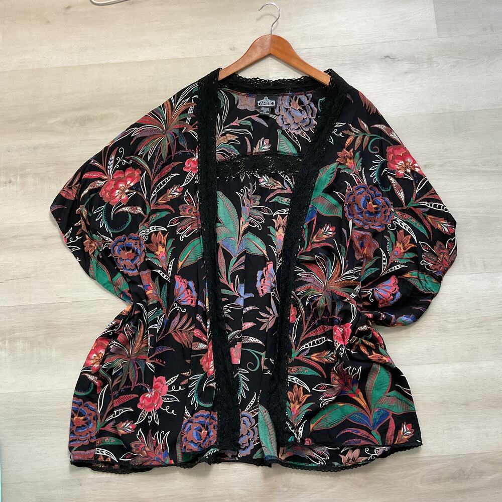 Angie Boho Chic Kimono Duster Cardigan Open Sleeve Floral Womens 1X